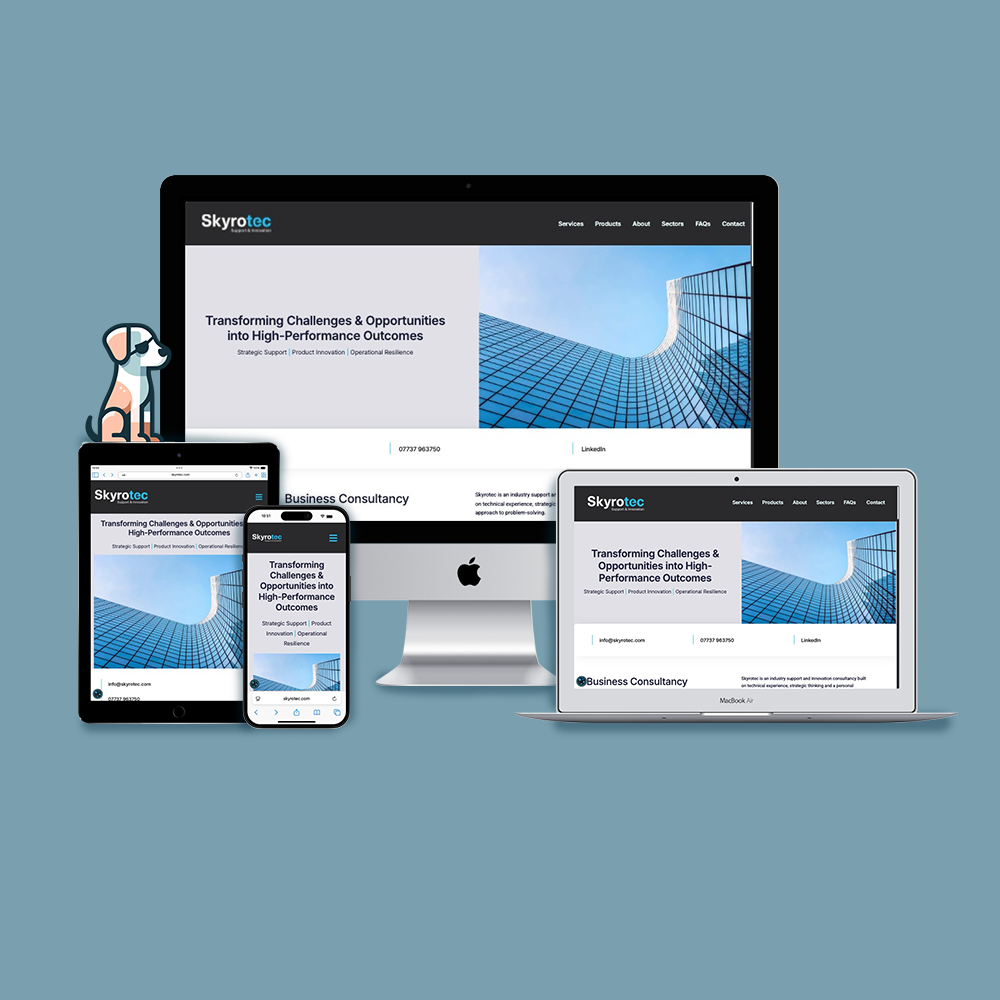 Different Devices displaying the Skyrotec.com Website in different sizes